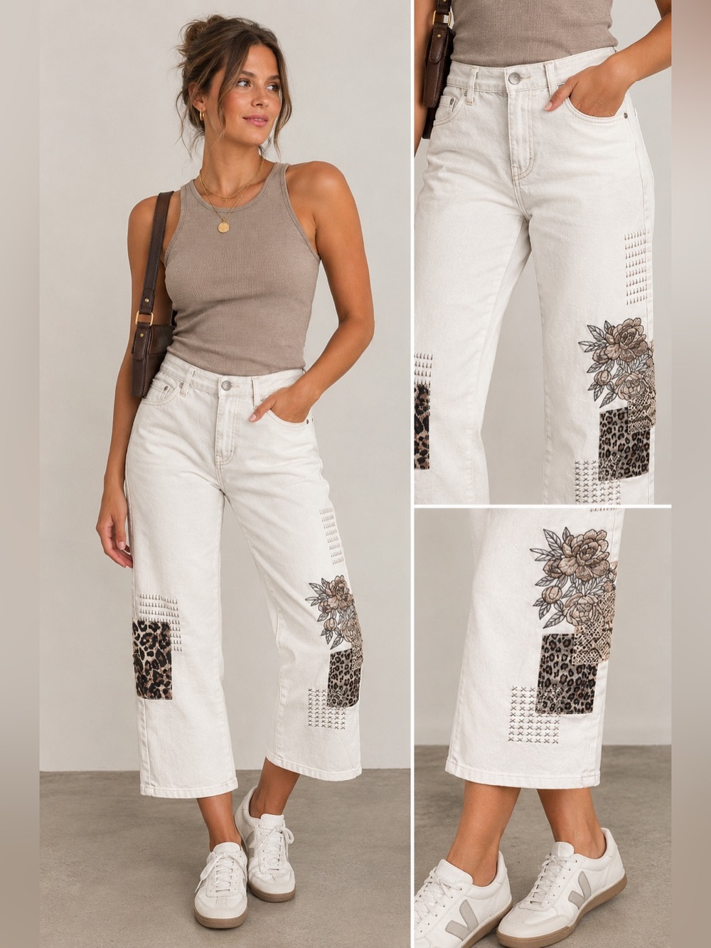 DG2 by Diane Gilman White Embroidered Animal Print Patchwork Capri Jeans Size 10